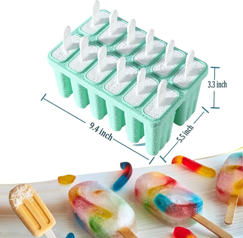 Wpunwen Silicone Popsicle Molds with Sticks 12 cavity Ice Popsicle MoldsIce Cream Mold with Clean Brush 12 Reusable Sticks 50 Sticks 50 Bags Green - Image 5